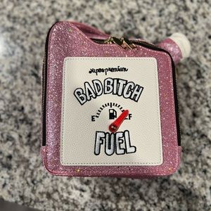 Glitter Rose Gold hand bag shaped like a gasoline bottle.